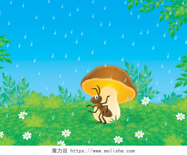 蚂蚁坐在雨中的大蘑菇下传统二十四节气24节气雨水传统二十四节气24节气惊蛰